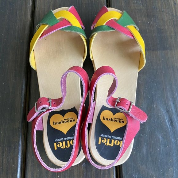 Swedish Hasbeens Toffel Multi Leather Wooden Heel Clog Sandals Size EU 39 US 8.5 - Picture 12 of 12